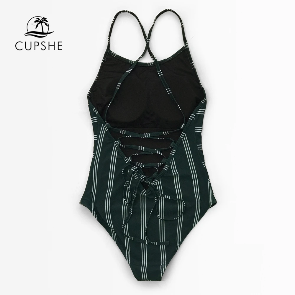 CUPSHE темно зеленый и белый полосатый Цельный купальник на шнуровке женский Бохо