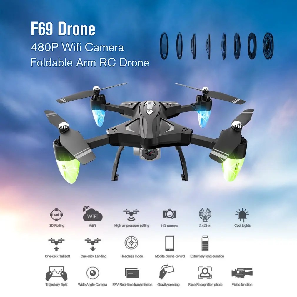 F69 складной рычаг RC Квадрокоптер WiFi fpv 1080 P/480 P широкоугольная HD камера высота Удержание Безголовый режим RC вертолет самолет