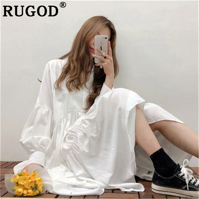 RUGOD корейское шикарное асимметричное белое длинное женское платье, элегантное платье с отложным воротником и рукавом-фонариком, макси платья, платье для вечеринок