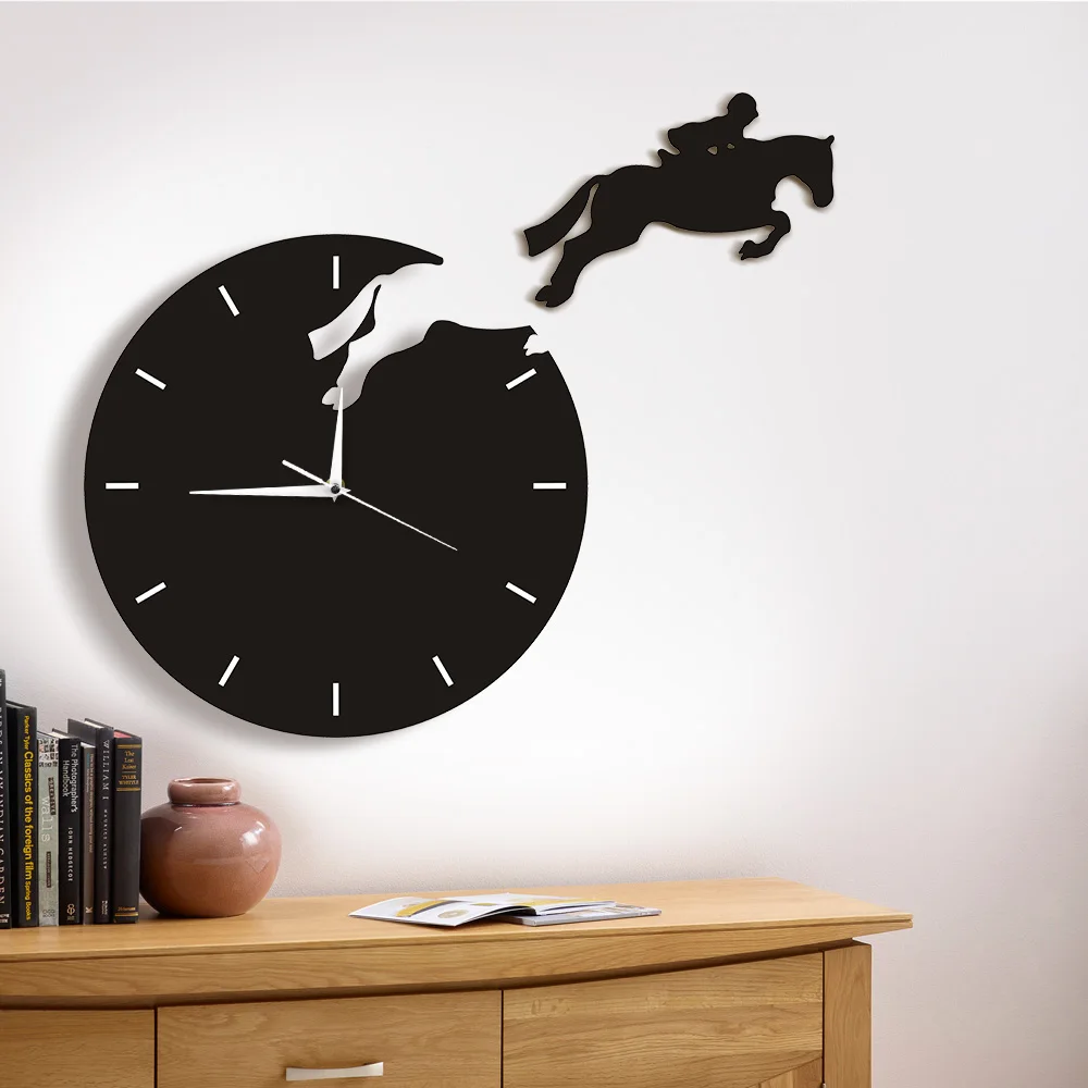 

Horseriding Modern Design Horseman Jumping From Wall Clock Rider on Horseback Jumping Horse Home Decor Art Wall Watch