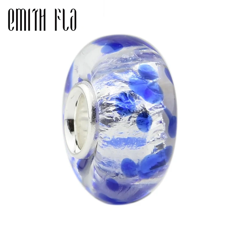 

Emith Fla 925 пробы, серебро, большое отверстие, круглое синее муранское стекло, европейский шарм, бусины, подходит для брендового браслета, ювели...