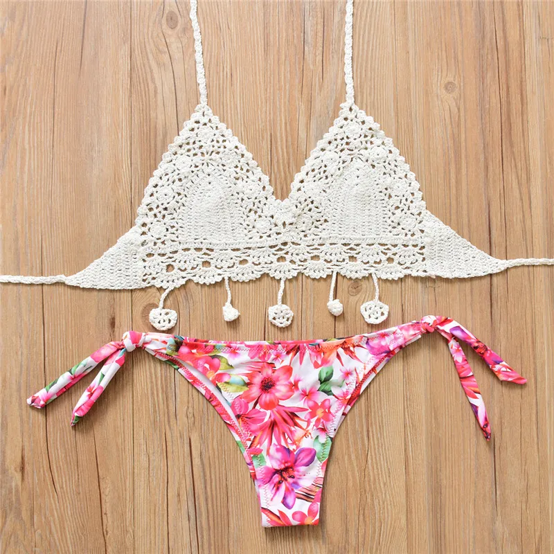 2017 крючком ванный комплект кисточкой Бикини Топ белый повод цветочный Низ