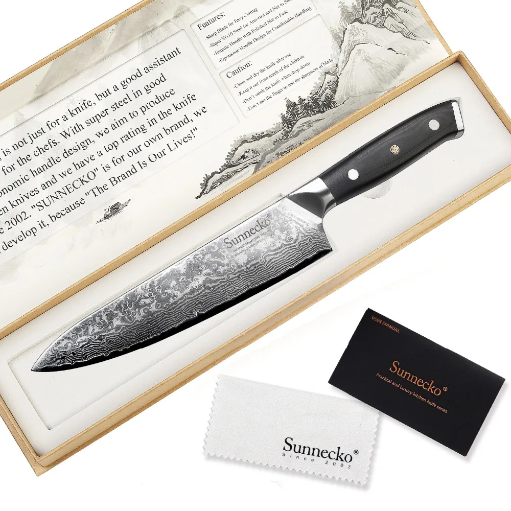 

SUNNECKO 8" inch Chef Knife Kitchen Knives 73-Layer Japanese Damascus VG10 Steel Sharp Blade G10 Sanding Handle Cutting Tools