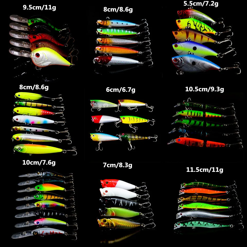 

52pcs/Set Fishing Lures Mixed 9 Varisized Model Fishing Bait Artificial Make Quality Good Crankbait Wobbler Fishing Tackle pesca
