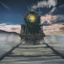 Laeacco Sea Rail старый движущийся локомотив фантастическое небо фон