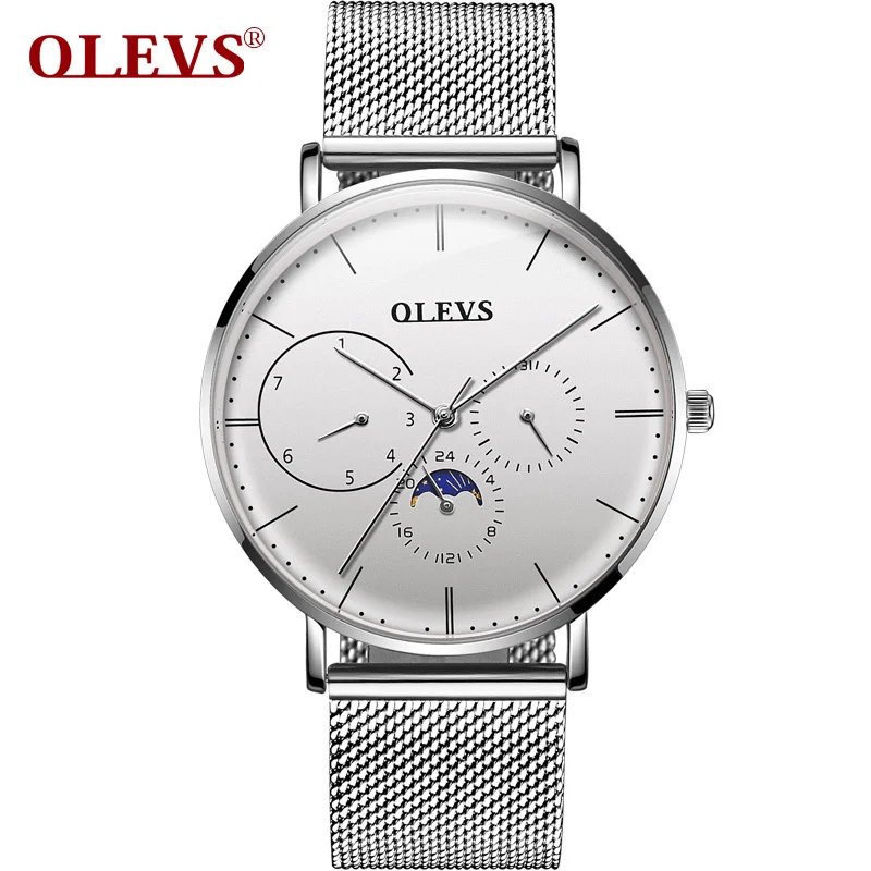 Silver white OLEVS часы мужские водонепроницаемые Роскошные часы с большим циферблатом relogio masculino модные миланские часы с ремешком из натуральной кожи часы с фазой Луны saat - Цвет: Silver white