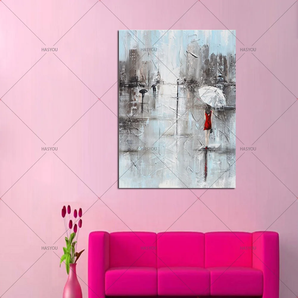 

Handmade Modern Abstract Home Wall Art Decor Acrylic Canvas Pictures Girl in Red Dress Hold umbrella Cityscape New Oil Painting