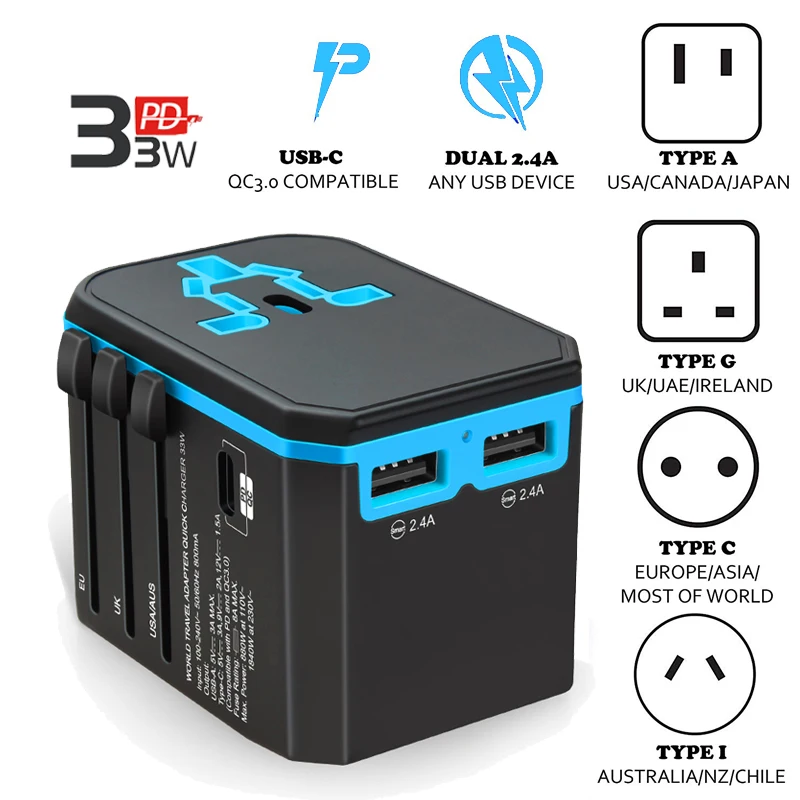 Универсальный Мощность адаптер все в одном World Travel Тип usb C QC 3,0 33 W PD Подключите адаптер Комплект