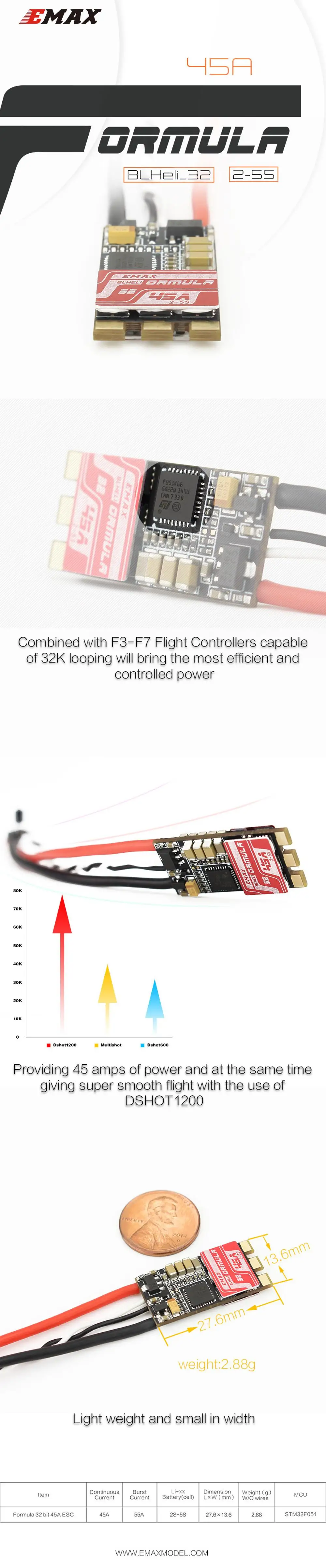

1PCS New Original Emax Formula 45A ESC BLHeli-32 2-5S Bullet Brushless Speed Controller