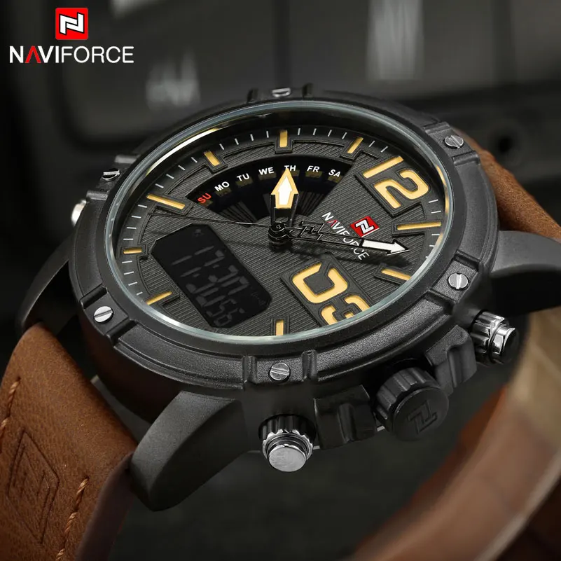 Мужские спортивные часы NAVIFORCE брендовые кожаный кварцевые светодиодный цифровые