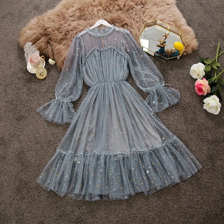Young Gee Модные женские прозрачные платья с блестками vestidos verano романтическое сексуальное Сетчатое милое свободное платье с оборками