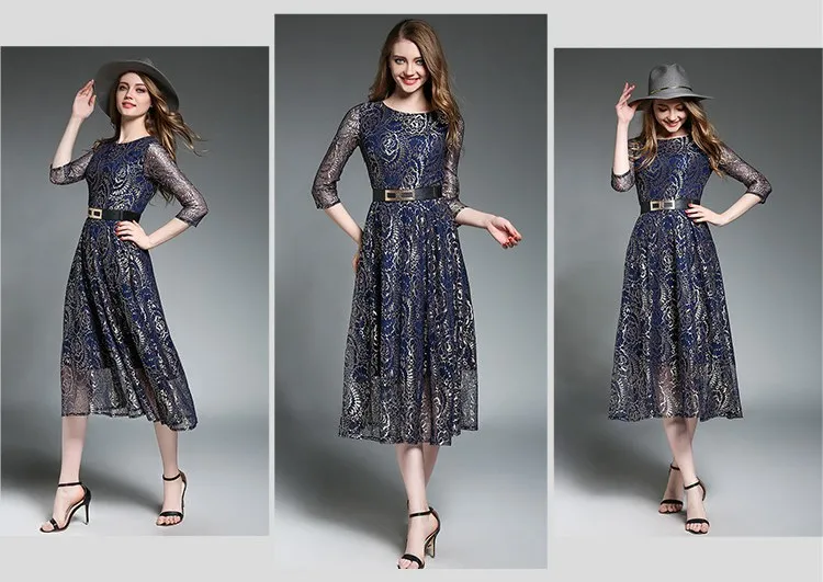 Ryseleco Sexy Summer Elegant 3/4 Sleeve Embroidery Cutout Floral Lace Dresses Women Fashion Quality Long Maxi Flare Vestido