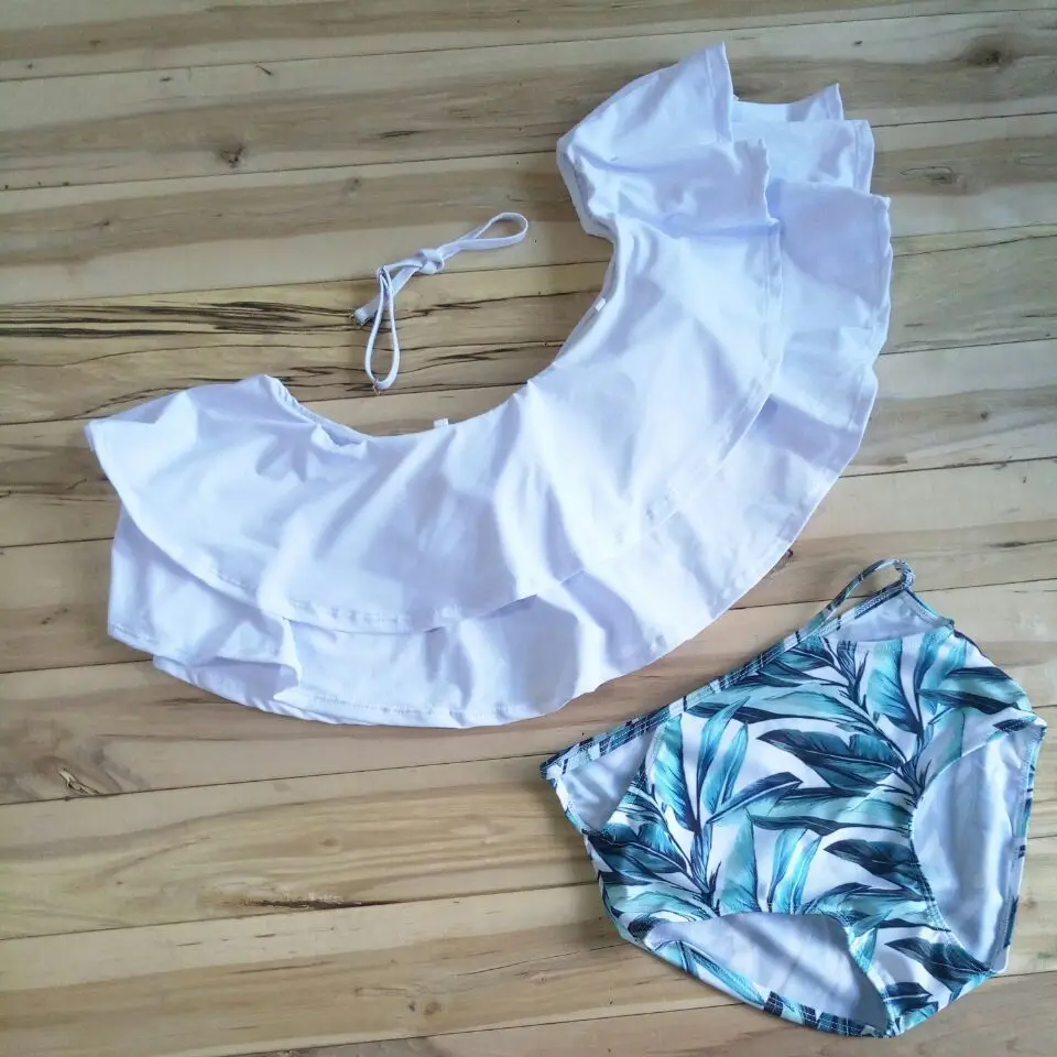 Бандо с оборками бикини низ высокой талией топ пуш ап купальный костюм принтом