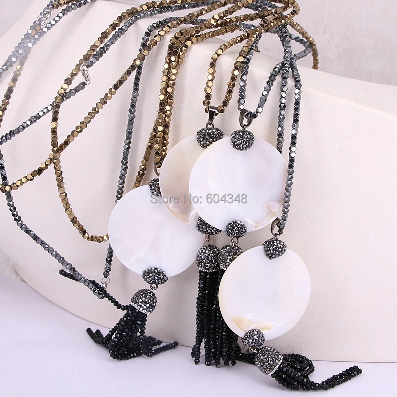 3 пряди zyz177-8604 Micro Pave CZ Талисманы Mother Of Pearl В виде ракушки кулон с черным кисточкой и гематит камень Бусины Цепочки и ожерелья