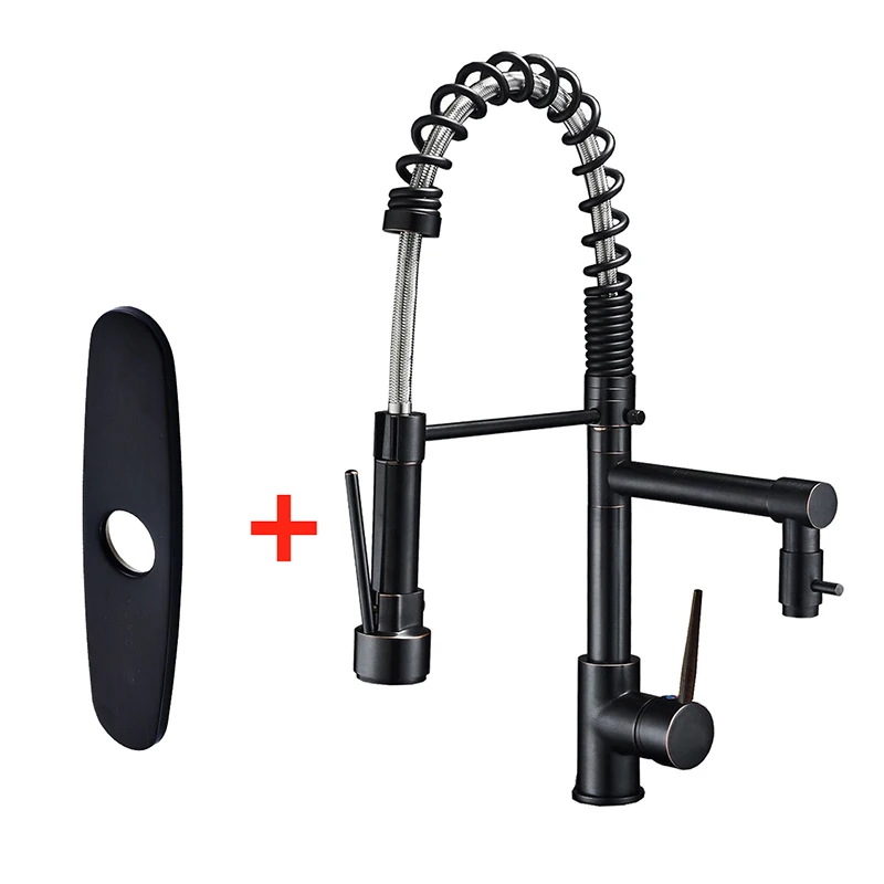 ORB with cover plate Черный смеситель для кухни, вытяжной пружинный кухонный смеситель для раковины, двойной распылитель с носиком, 360 Поворотный кран, mezclador de la cocina del grifo - Цвет: ORB with cover plate