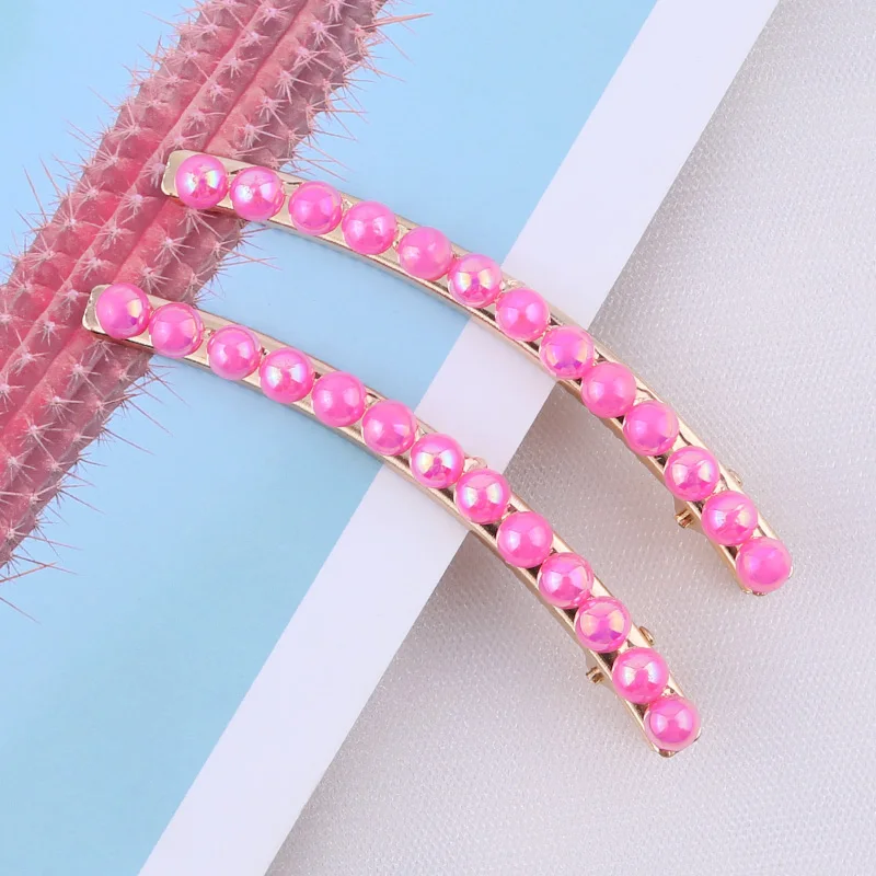 Bend clip-Rose Red 2pcs/set Pearl Flower Hair Clips Alligator Duckbill Long Hairpins Barrettes Candy Rainbow Color Hair Accessories for Women Girls - Цвет: Bend clip-Rose Red