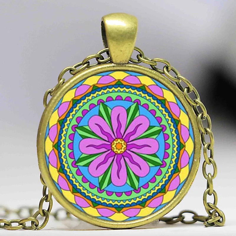 fashion mandala necklaces &amp pendant colorful henna yoga necklace dome glass cabochon jewelry om symbol buddhism zen | Украшения и
