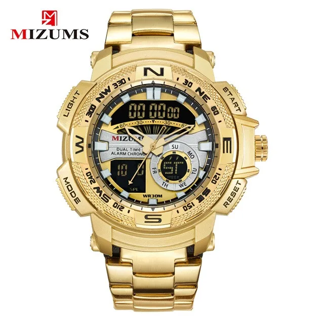 gold MIZUMS, военные наручные часы, светодиодный, цифровые, спортивные часы для мужчин, золото, нержавеющая сталь, ремешок, двойное время, кварцевые часы для мужчин, Relogio Masculino - Цвет: gold