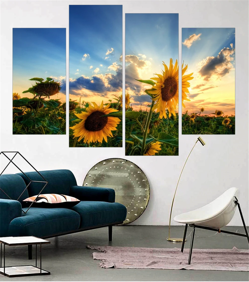 

Unframed Modern Sunflower HD Printed Canvas Painting Flower Wall Art Modular Painting for Living Room Canvas Art Prints 4 Panel