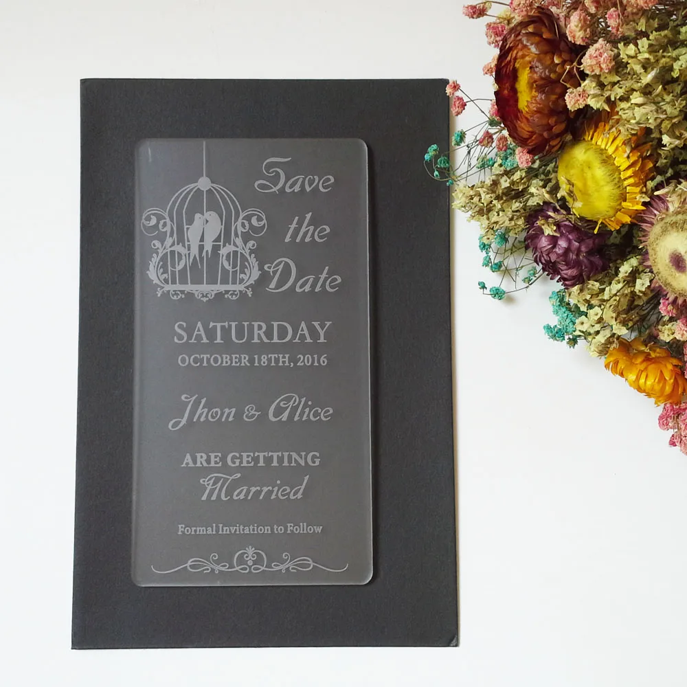 

Customized 100*180mm Laser cut Wedding Invitation Engraved frosted Acrylic wedding Save the Date cards (1lot=100pcs)