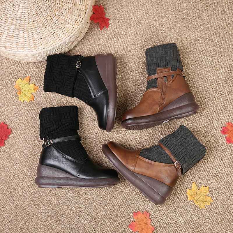 

Women's Wool Line Plus Velvet Thick Bottom High Help Women's Boots Autumn Winter New Comfortable Leather Handmade Snow Boots
