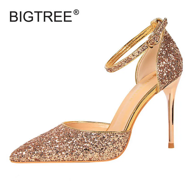 Роскошные блестящие сандалии с ремешком на щиколотке женские туфли лодочки