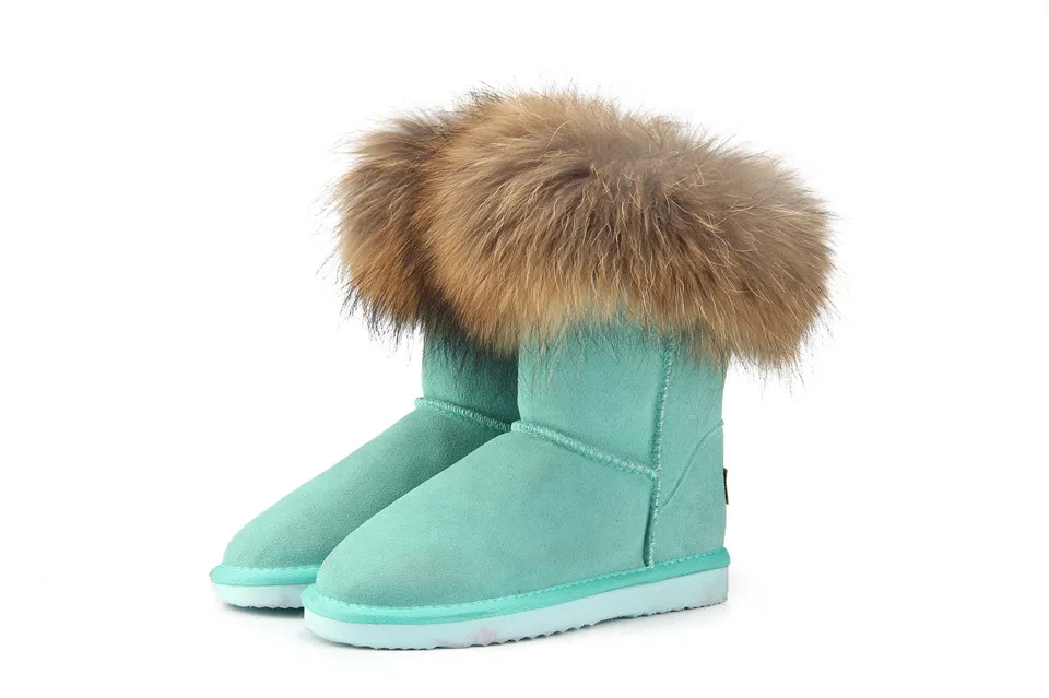 MBR FORCE Fashion Women's Natural Real fox Fur Snow Boots Genuine Cow Leather women Boots Female Warm Winter Boots Shoes