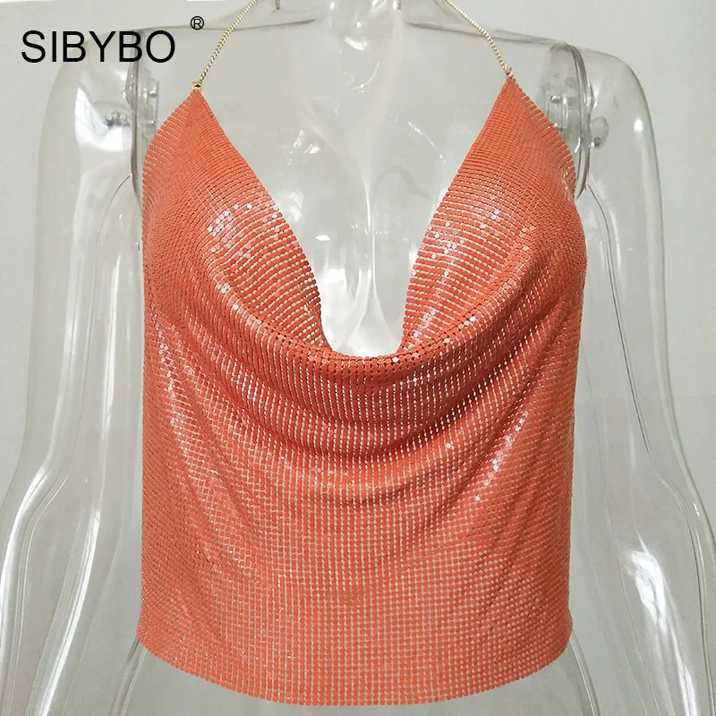 Sibybo, сексуальные женские топы с металлической отделкой,, с открытой спиной, топы с бюстгальтером без косточек, летние, пляжные, вечерние, Клубные, женские, с блестками, Обрезанные, майка, камзол