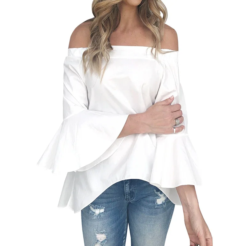 Spring Women Open Back Blouses Shirt Summer Off Shoulder Long Bell Sleeve Blouse Tops Causal Chiffon Blusas Female WS7502S |
