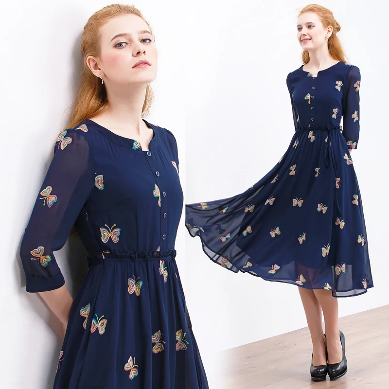 Только плюс сладкий розовый шифон платье тонкий с высокой талией и вышивкой