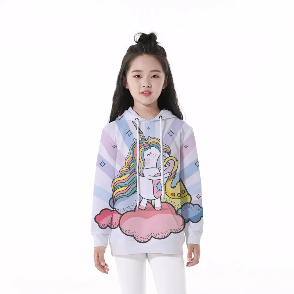 

Girls 4-12 Y Autumn Spring Hooded Long Sleeve 3D Digital Print Dancing Unicorn Pattern Hoodies Casual Loose Fit Girls Hoodies