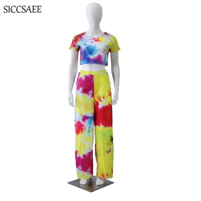 Pattern Painting Two Piece Set Vintage Palazzo Pants Suits Colorful Matching Sets Casual Crop Top Rainbow Retro Tie Dye Summer Женская