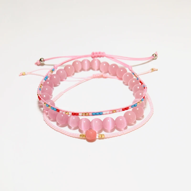 Boho 3 шт./компл. розовый опал браслеты для женщин и девочек милый бисер
