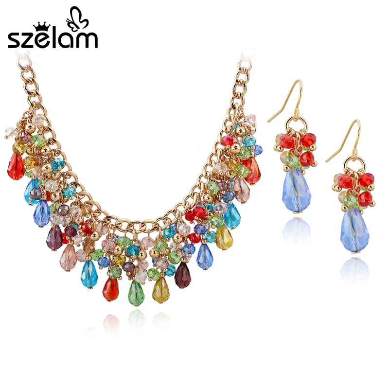 

2016 New Fashion Jewelry Sets Necklace Pendant Drop Earring Multicolor Crystal Beads Gold Color Jewelry Set For Women SET140053