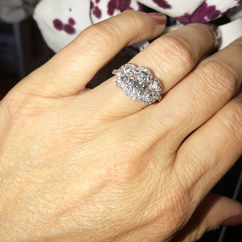 Овальная огранка помолвка и свадьба Halo Moissanite бриллиантовое кольцо 3 камня всего 2.5ctw Подлинная 14K 585 Белое золото для женщин