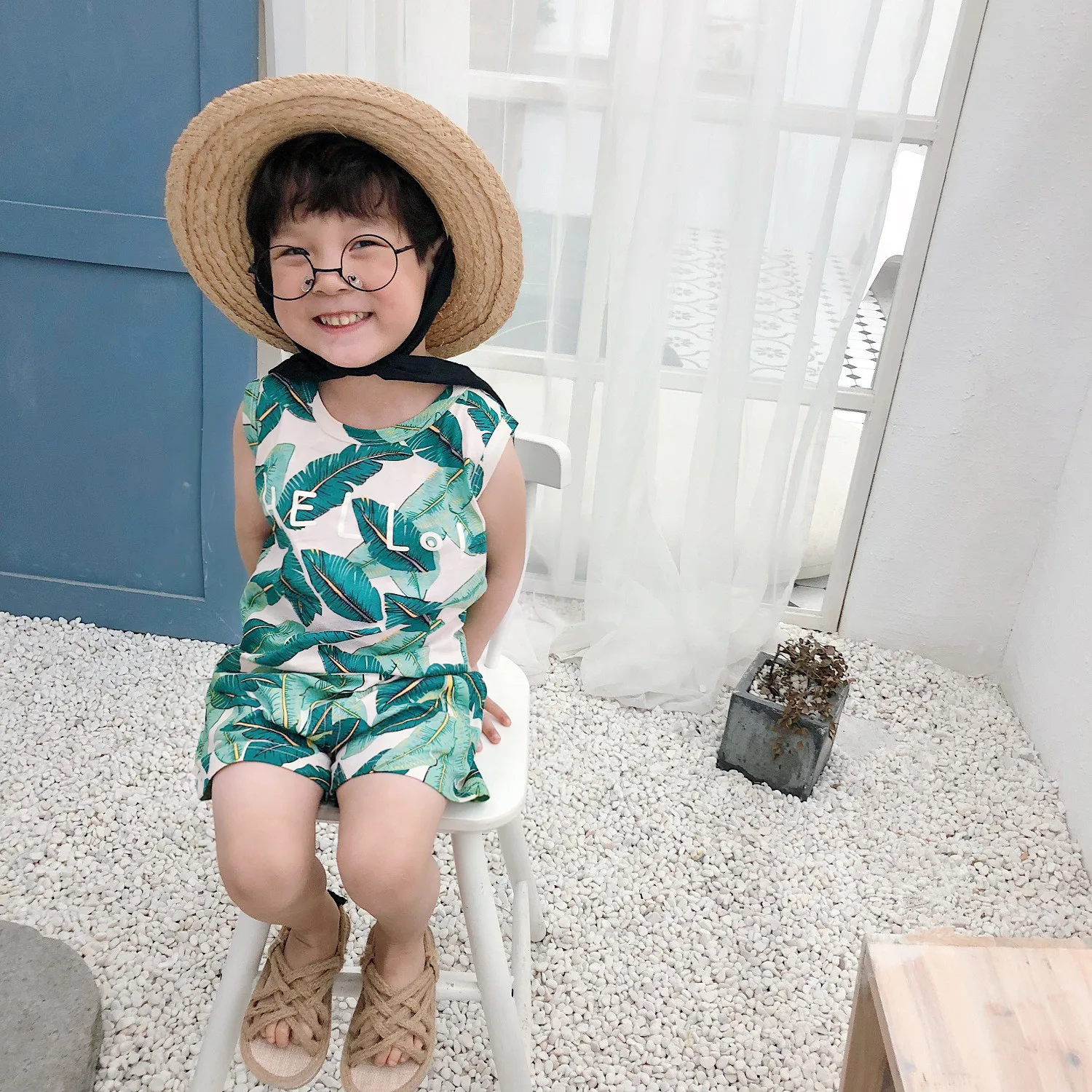 Summer 2019 fashion boys girls leaf printed sleeveless clothes sets kids cotton beach holiday vest and shorts 2pcs suits | Детская