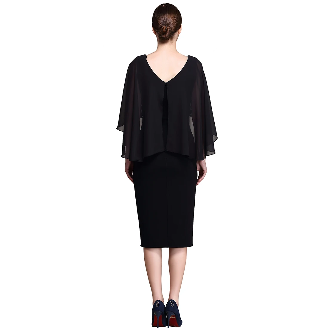 Black Dress Шифон Лоскутная Кабо Рукава Эластичный Bodycon Elegent Карандаш Платья