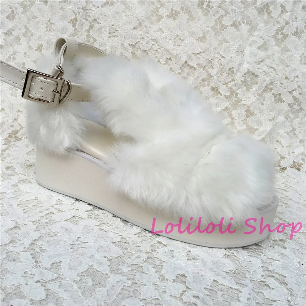 

Princess sweet lolita shoes Lolilloliyoyo antaina Japanese design custom white suede flat platform Imitation fox fur shoe an5210