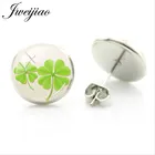 Женские серьги-гвоздики JWEIJIAO с зеленым четырехлистным клевером, круглые стеклянные кабошоны с покрытием, бижутерия QF327