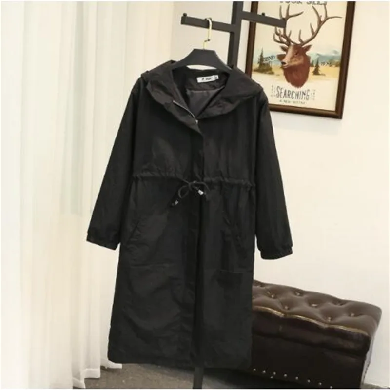 

2019 Spring women's casual trench coat adjustable waist hooded black coat plus size women clothing(FY36)
