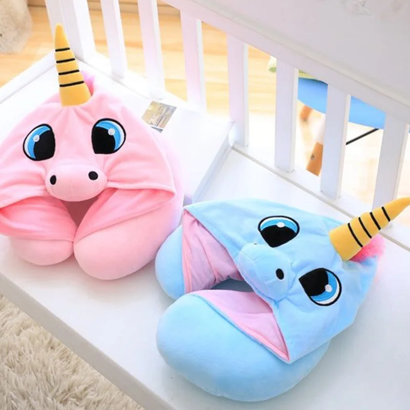 Lovely Unicorn Hood Neck U Pillow Decorative Blue Pink Soft Office Nap Cushion Cute Cartoon Doll Plush Toy Gift for Children Kid | Дом и сад