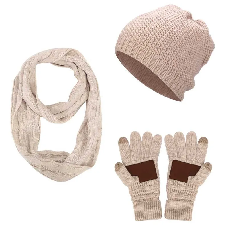Ponytail Beanie Women Scarf Hat Glove Sets Knitted Winter Cap Warm Skullies Beanies Woolen Hats Casual Female Slouchy Knit Caps
