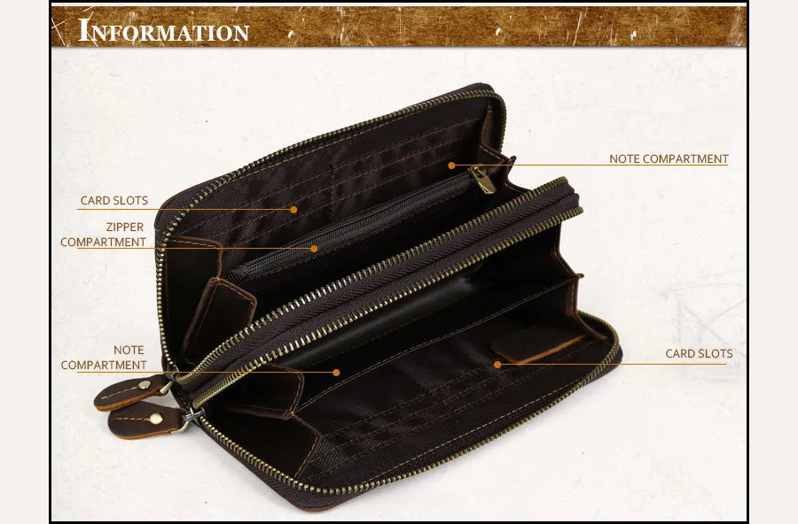 Imported Head Layer Cowhide Both Zipper Men Clutch Wallet Genuine Leather Male Long Purse Vintage Man Notecase PR084009