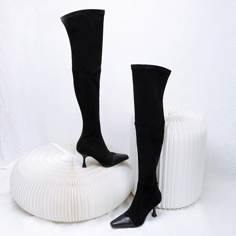 Новинка 2018 Сапоги выше колена на высоком каблуке с квадратным носком женские