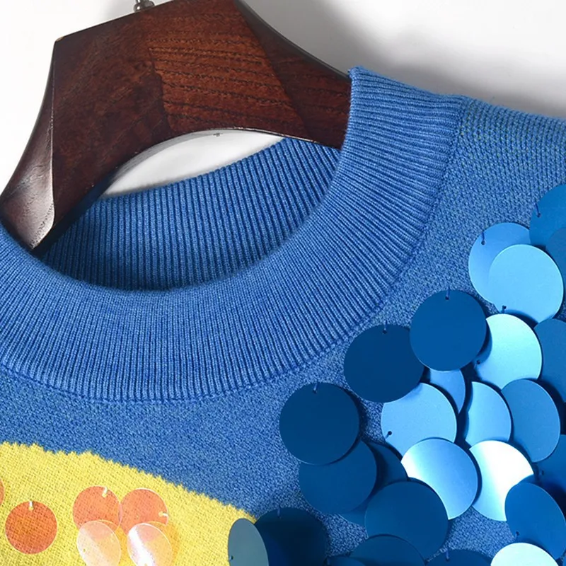 2020 Spring New Fashion Women Short Sweaters Full Sleeve O-Neck Sequined Blue Pullovers Computer Knitted Pageant | Женская одежда