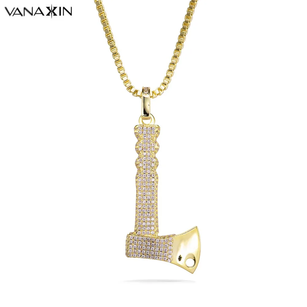 

VANAXIN Axe Necklaces Pendants AAA White Clear Cubic Zirconia Hip Hop Jewelry For Men Micro Paved Hatchet Necklace Male Gift