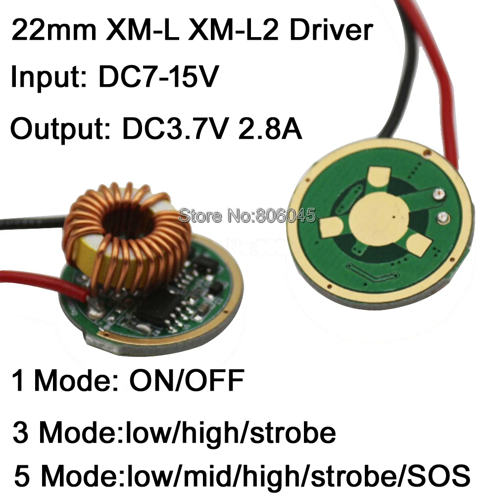 2x 22mm 1 Mode or 3 Modes or 5 Modes T6 Driver DC 7-15V Input Output DC3.7V 2.8A for Cree XML XM-L XML2 XPL 10W LED Emitter