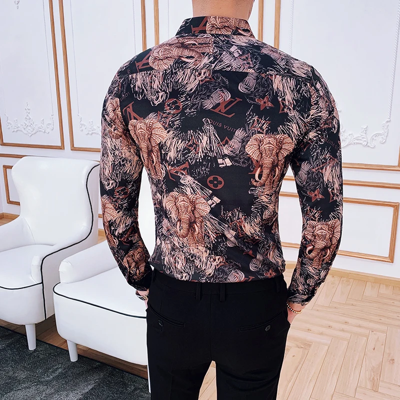 Новая мужская рубашка Camisa Masculina роскошная с длинными рукавами и принтом слона