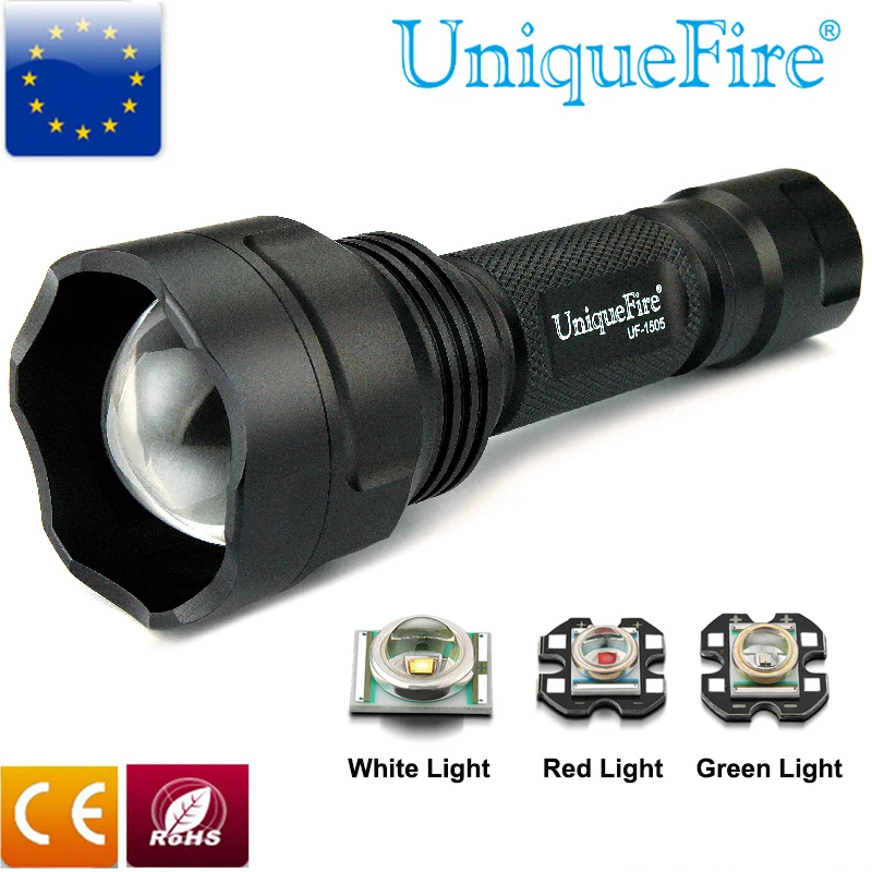 

1200LM UniqueFire 3 Mode Flashlight 1505 XRE Led Light Green/Red/White Convex Lens Aluminum Torch For Hunting,Camping
