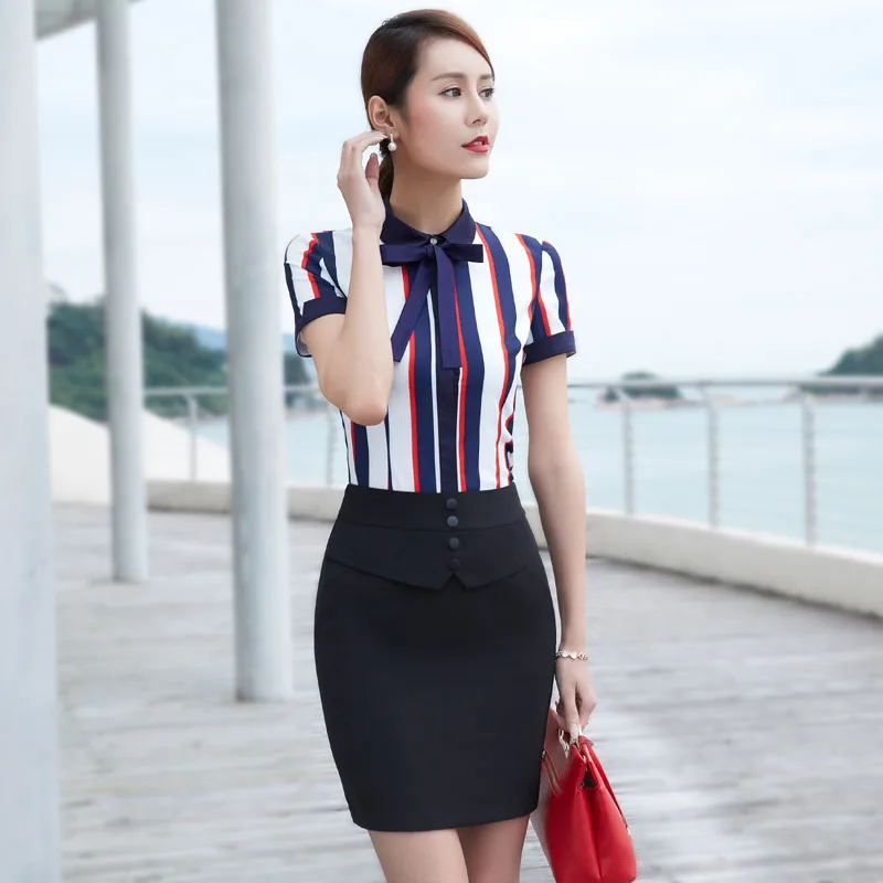 Новая мода Полосатый профессиональный летний с коротким рукавом деловая юбка